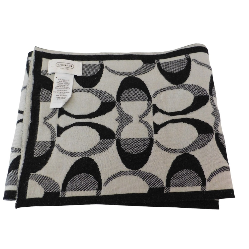 Coach Women's Scarf Black Metallic Beige Signature C Logo Wool Blend